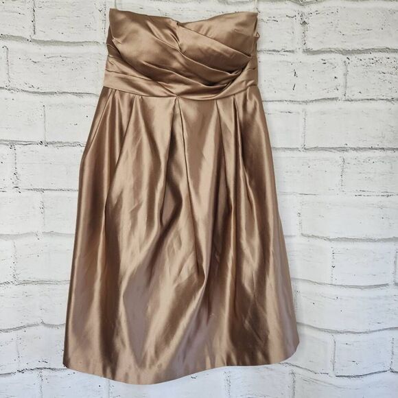 Bill Levkoff Womens Brown Gold Strapless Pleated Satin A-Line Mini Dress Size 6 - Picture 1 of 14